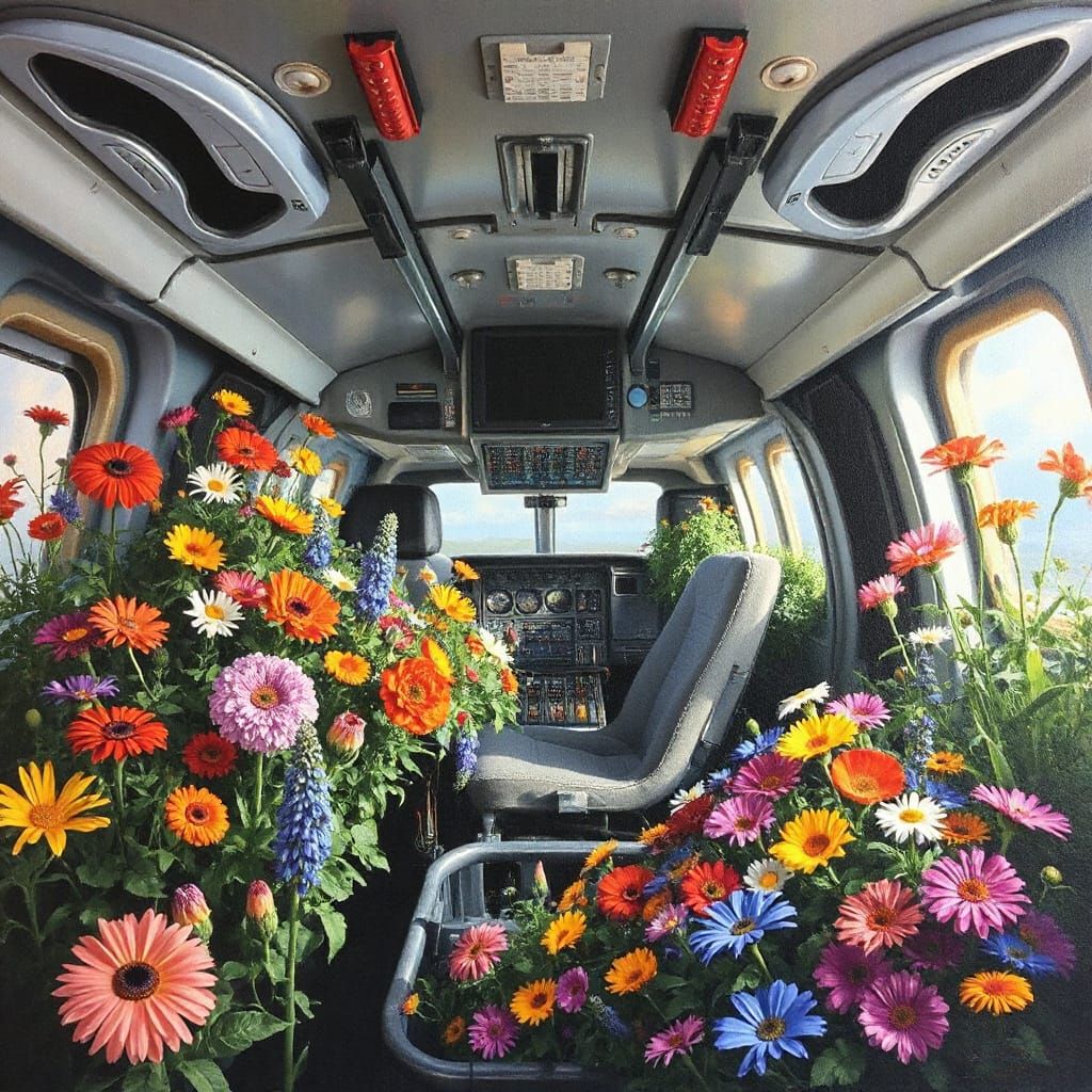 Wildflowers Bloom in Airplane Cockpit: Oil Painting Style