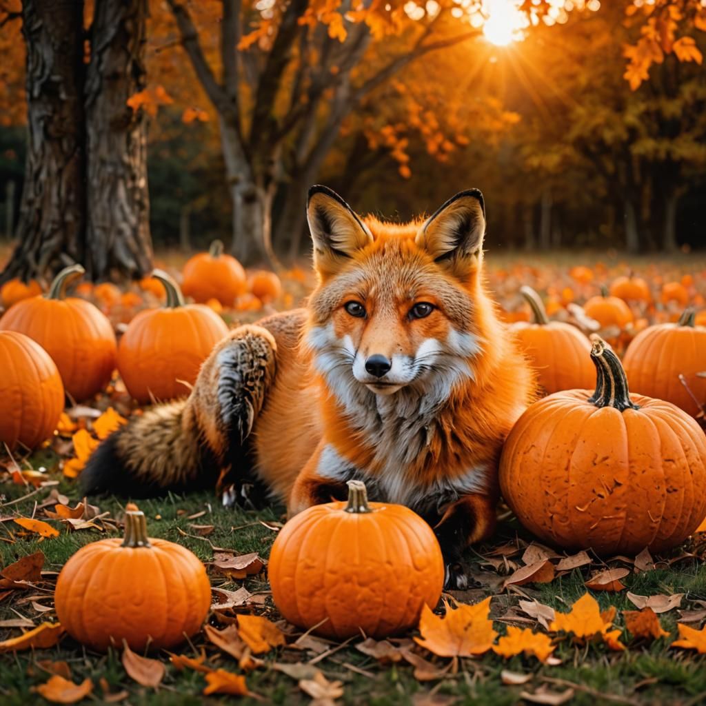 Fox and Pumpkin in Autumn Sunset Light