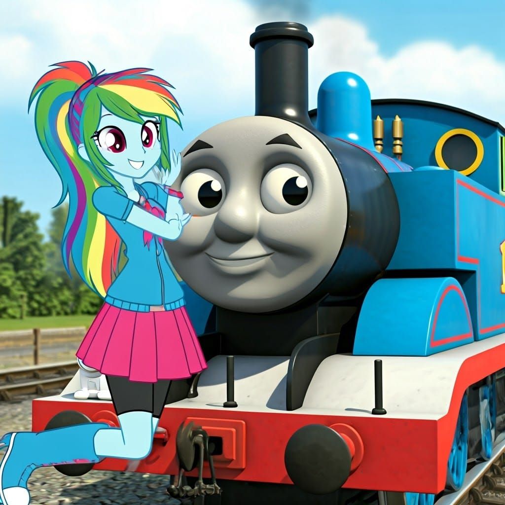 Rainbow-Haired Woman Hugs Thomas the Tank Engine