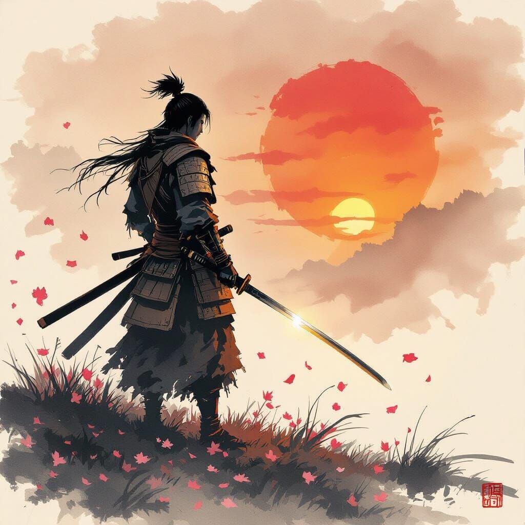 Lone Samurai Warrior at Fiery Sunset Battlefield