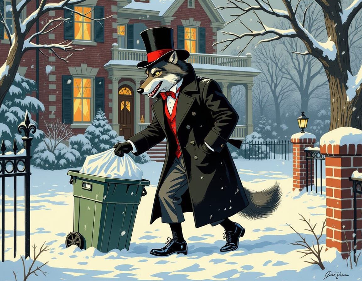 Big Bad Wolf as Gentleman in Snowy Scene