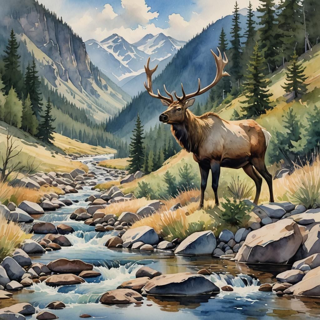 Watercolor Bull Elk in Mountain Landscape