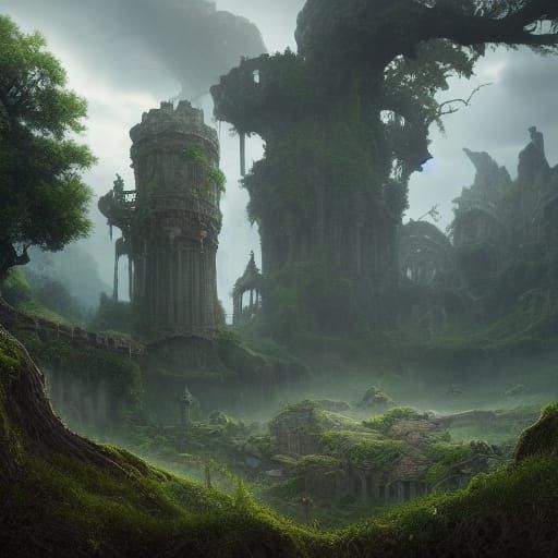 Fantasy Landscape with Castle Ruins: Digital Matte Painting