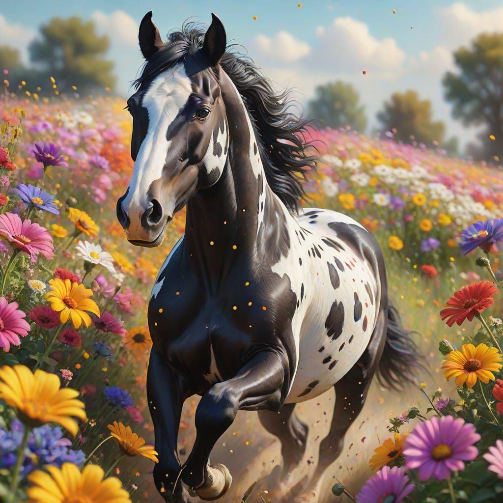 Black and White Spotted Horse in Floral Field