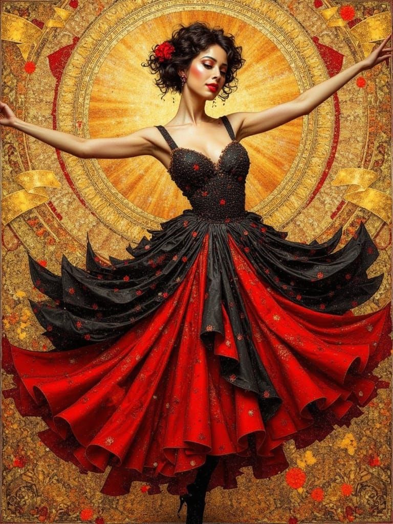 Spanish Dancer in Klimt Style with Golden Patterns