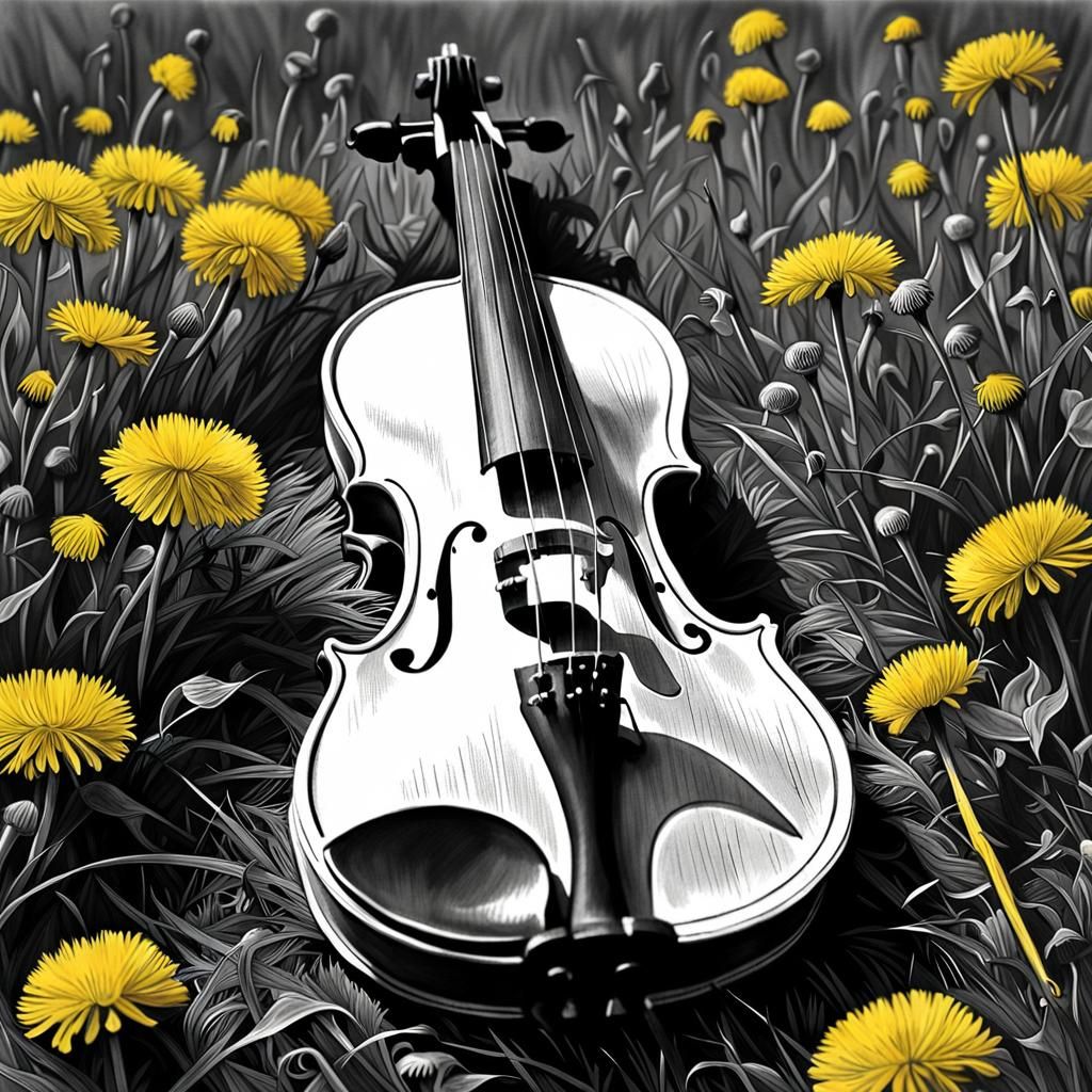 Violin in Dandelion Field: Charcoal Drawing