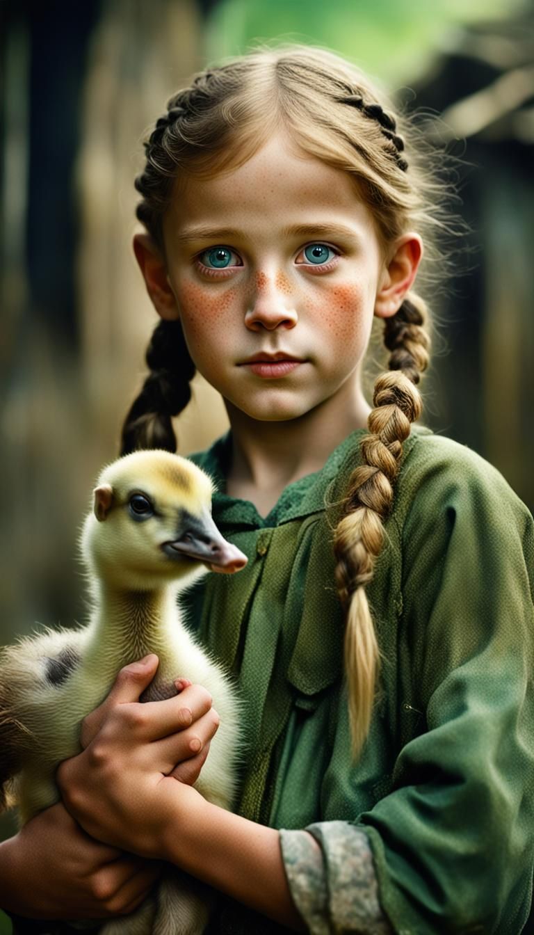 Freckled Girl Holding Gosling in Photorealistic Style