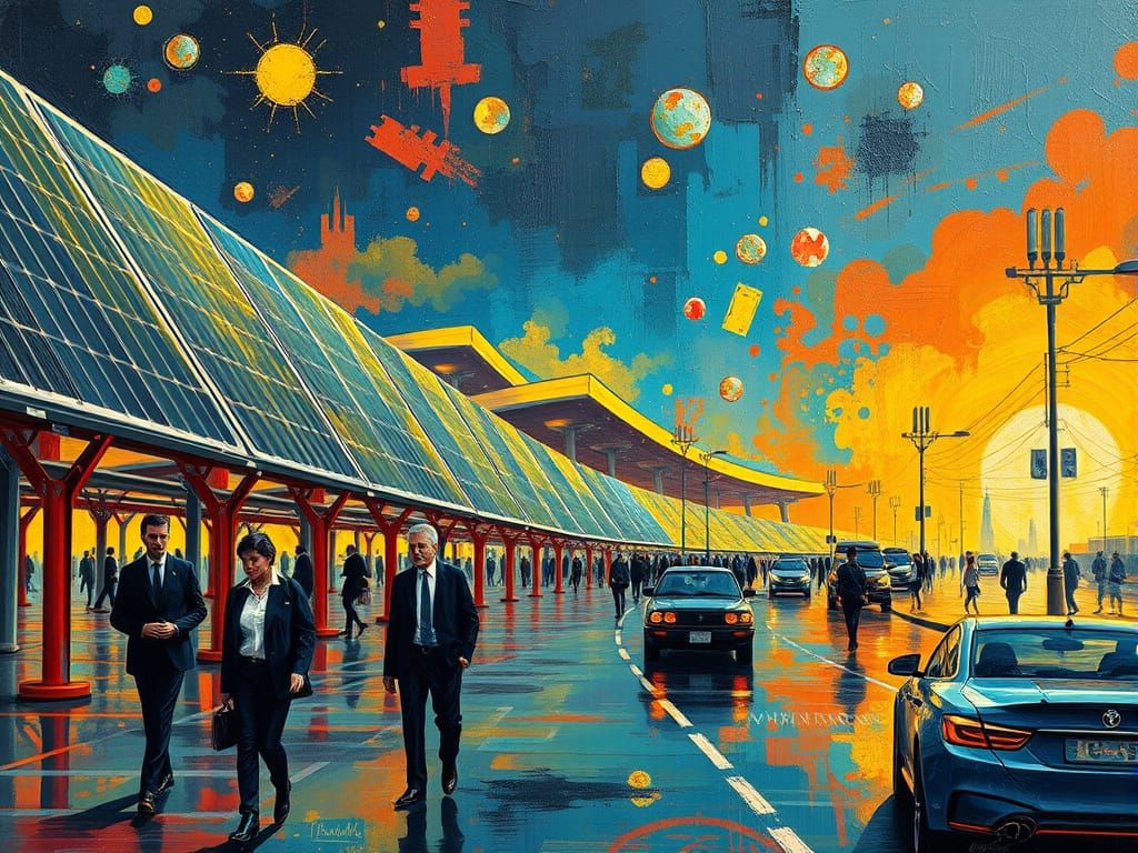 Futuristic Solar Panel Scene in Neo-Impressionist Oil Painti...