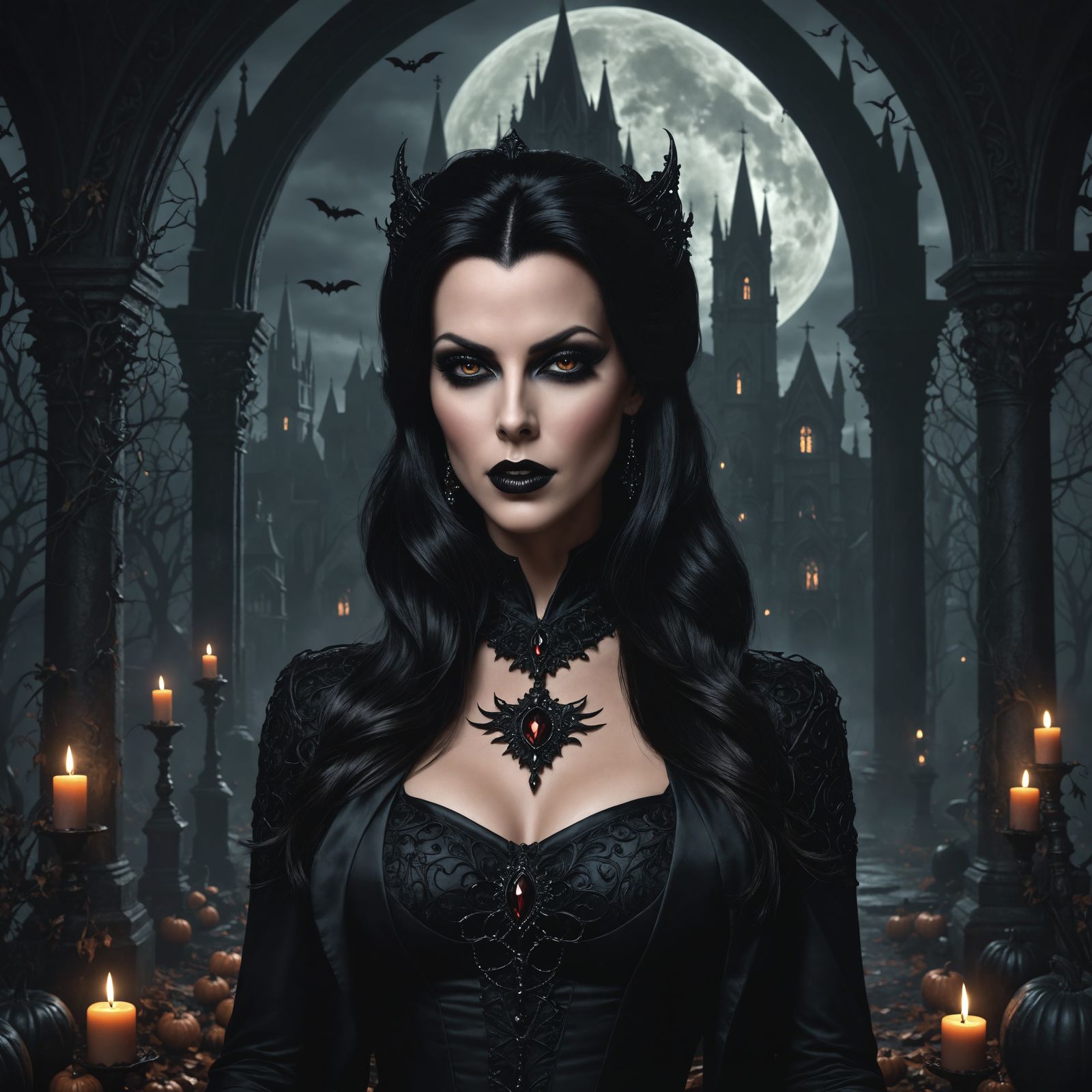 Elegant Gothic Vampiress in Halloween Art Style