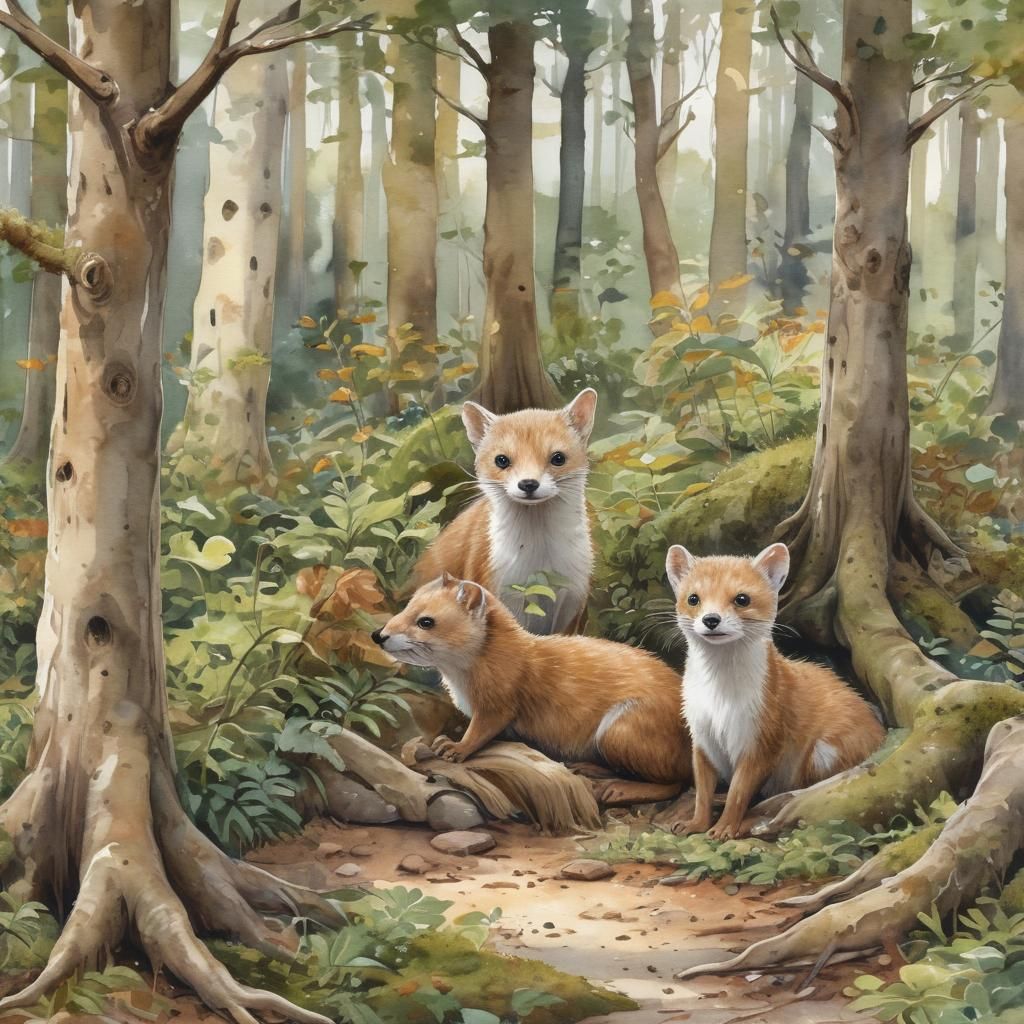 Whimsical Weasels in Sun-Dappled Forest: Watercolor Illustra...