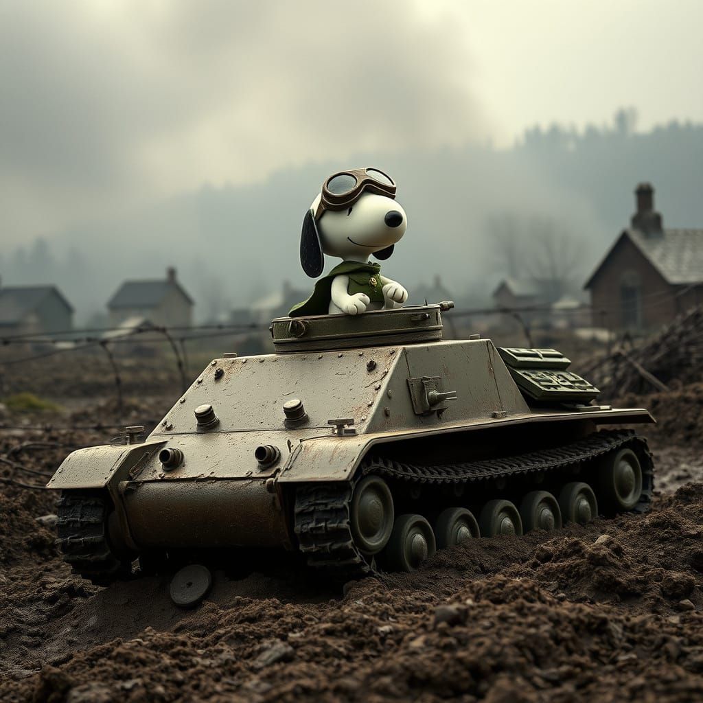 Snoopy Leads Tank Charge in War-Torn Somme Landscape