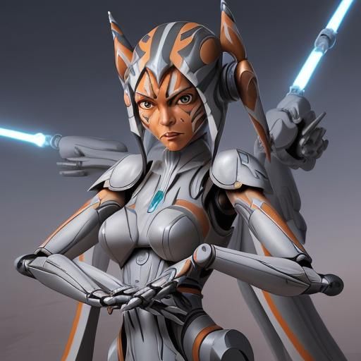 Ahsoka with Robotic Arms in Anime Style