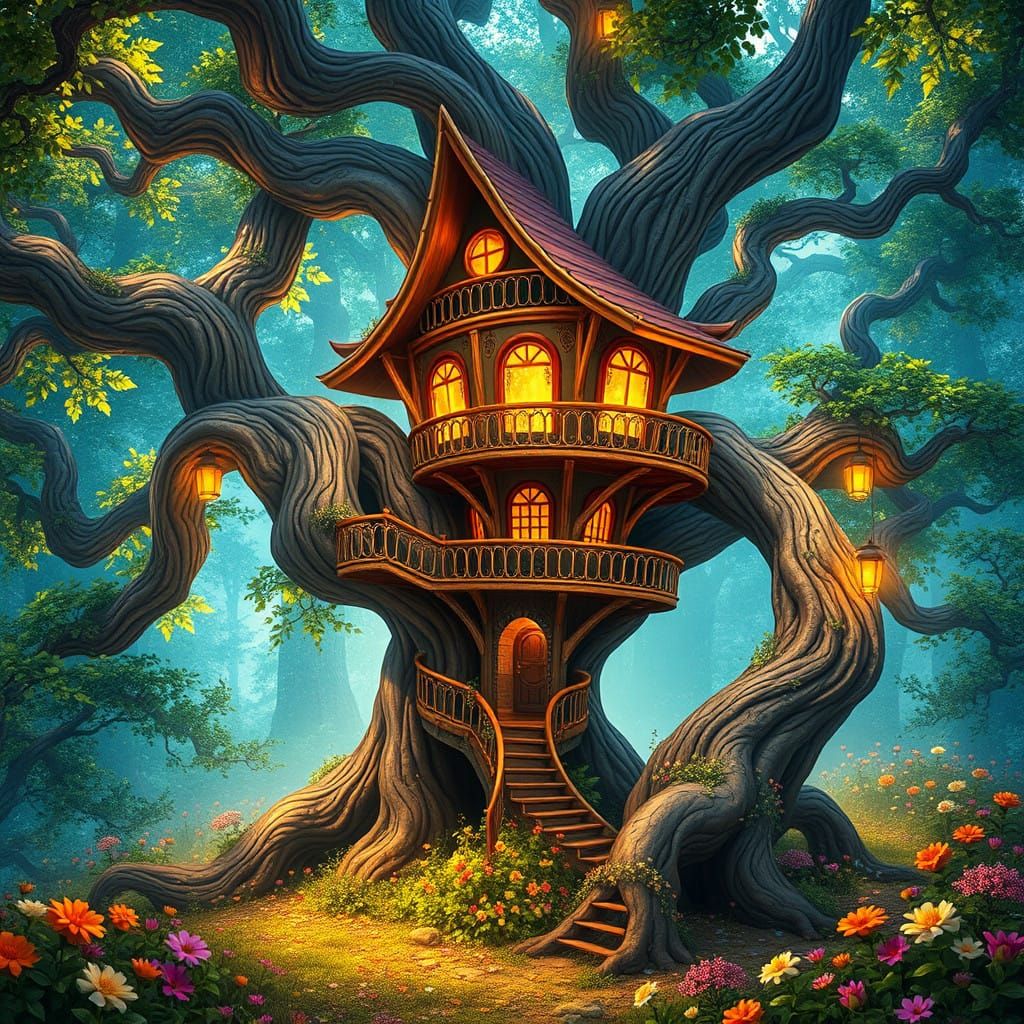 Majestic Treehouse Amidst Ancient, Twisted Tree in Whimsical...
