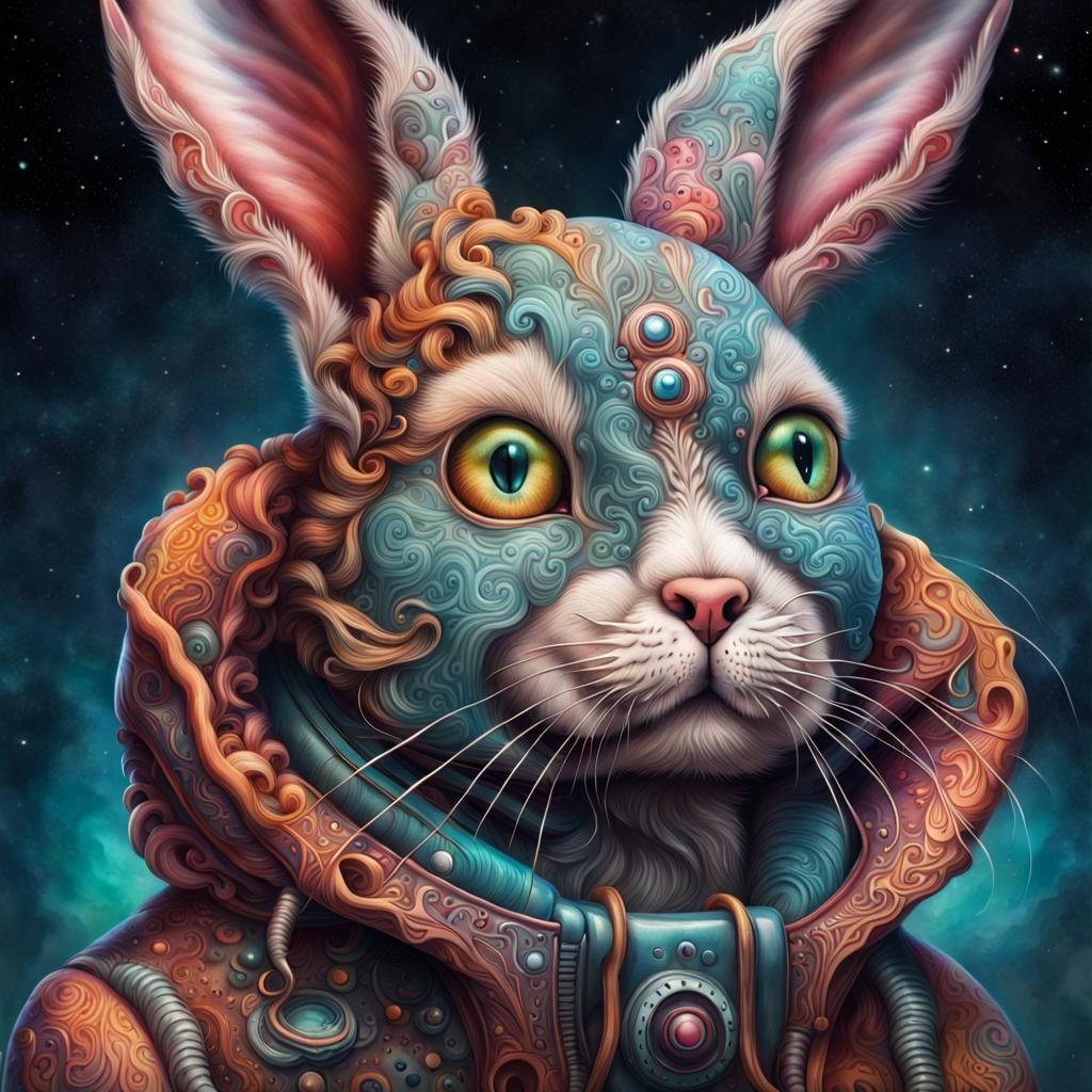 Hyperrealistic Mutant Bunny Cat Creature in Cosmic Colors