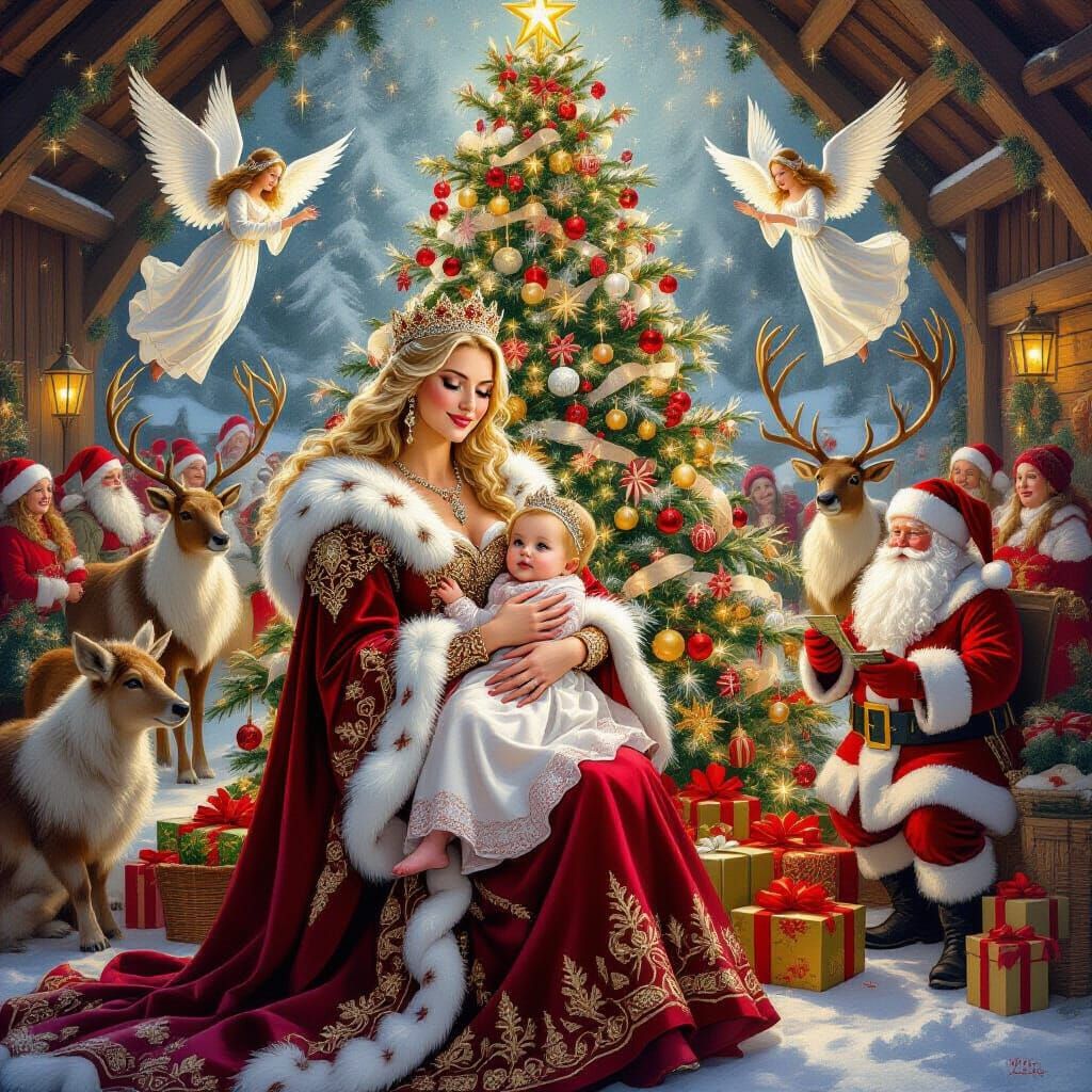 Nordic Queen with Royal Baby in Festive Barn Scene
