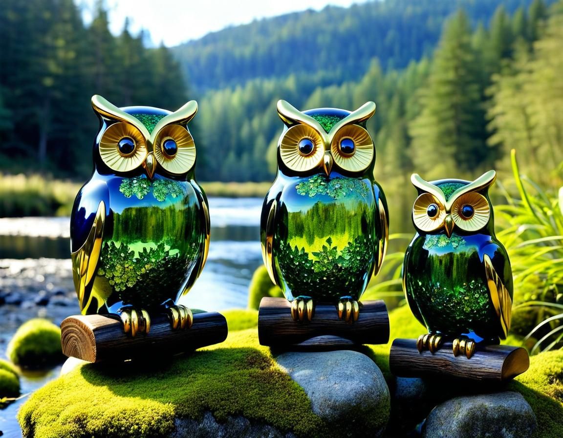 Enameled Glass Owls on Mossy Trunk