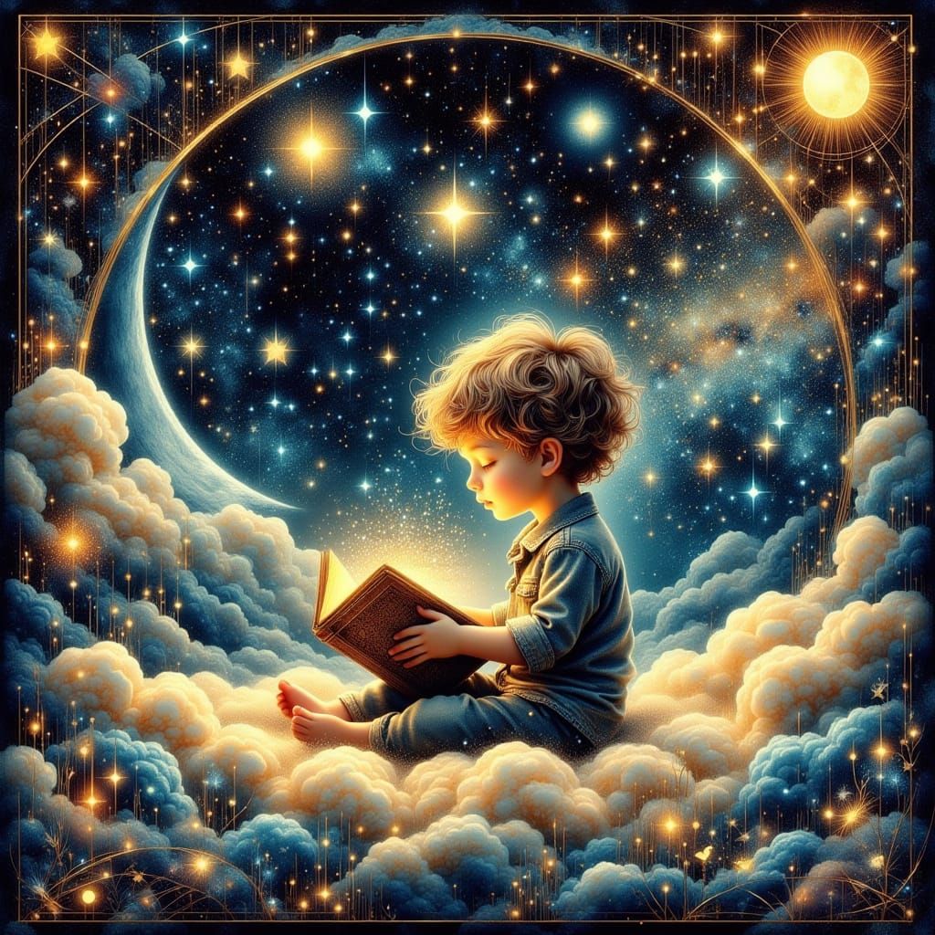 Boy Reading on Cloud in Starry Sky, Art Nouveau