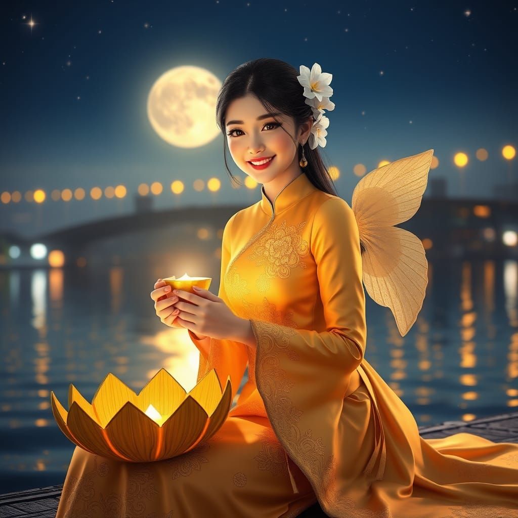 Chinese Woman in Thai Dress with Krathong, Anime Style
