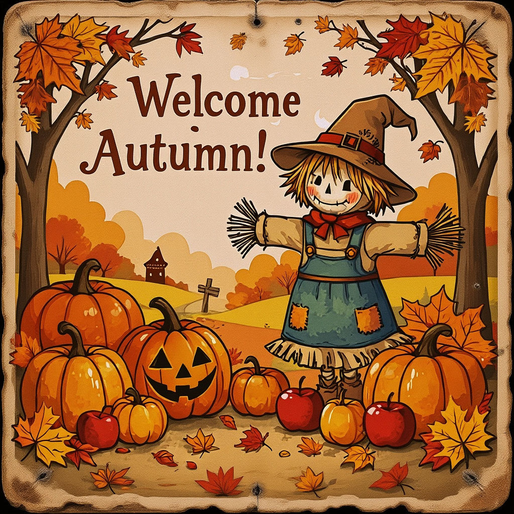 Whimsical Autumn Scene with Scarecrow and Pumpkins