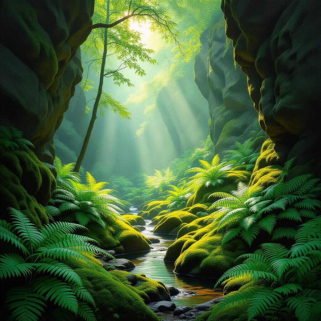 Serene Valley Corner with Lush Ferns and Ethereal Light