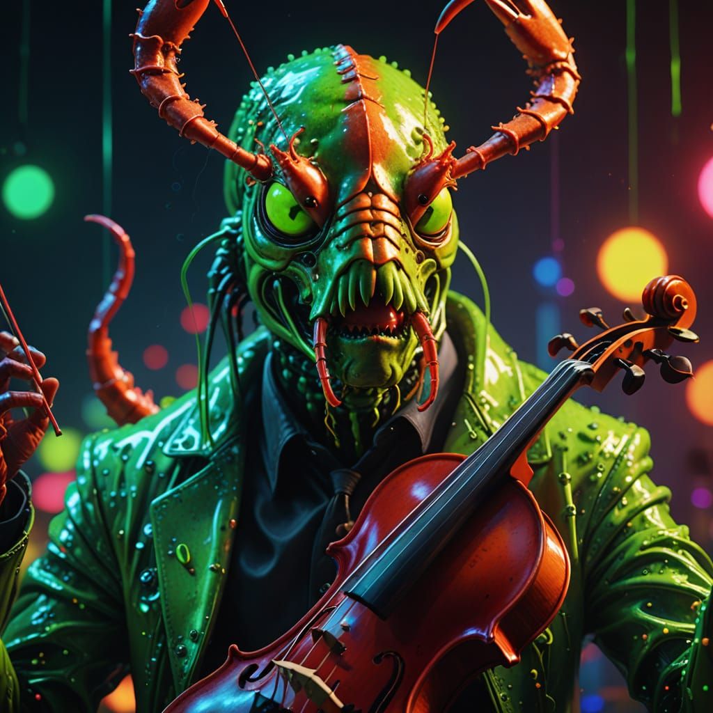 Surreal Lobster Hybrid Plays Violin in Psychedelic Art