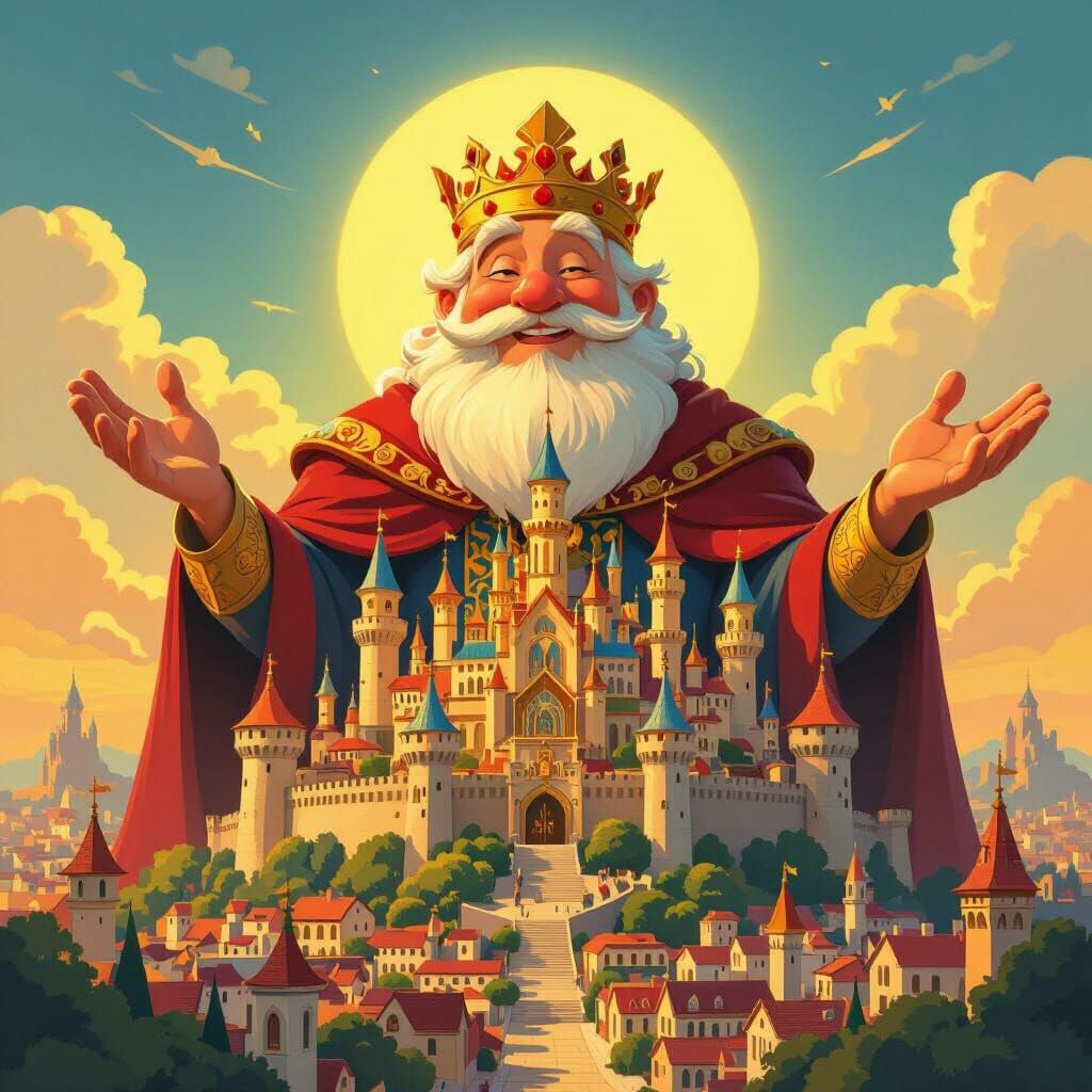 Benevolent King Overlooks Flourishing Kingdom in Storybook S...