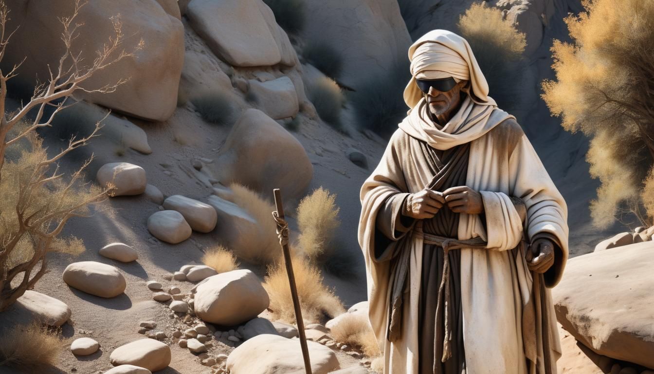 Hyper-Realistic Ceramic Sculpture of a Blind Pilgrim