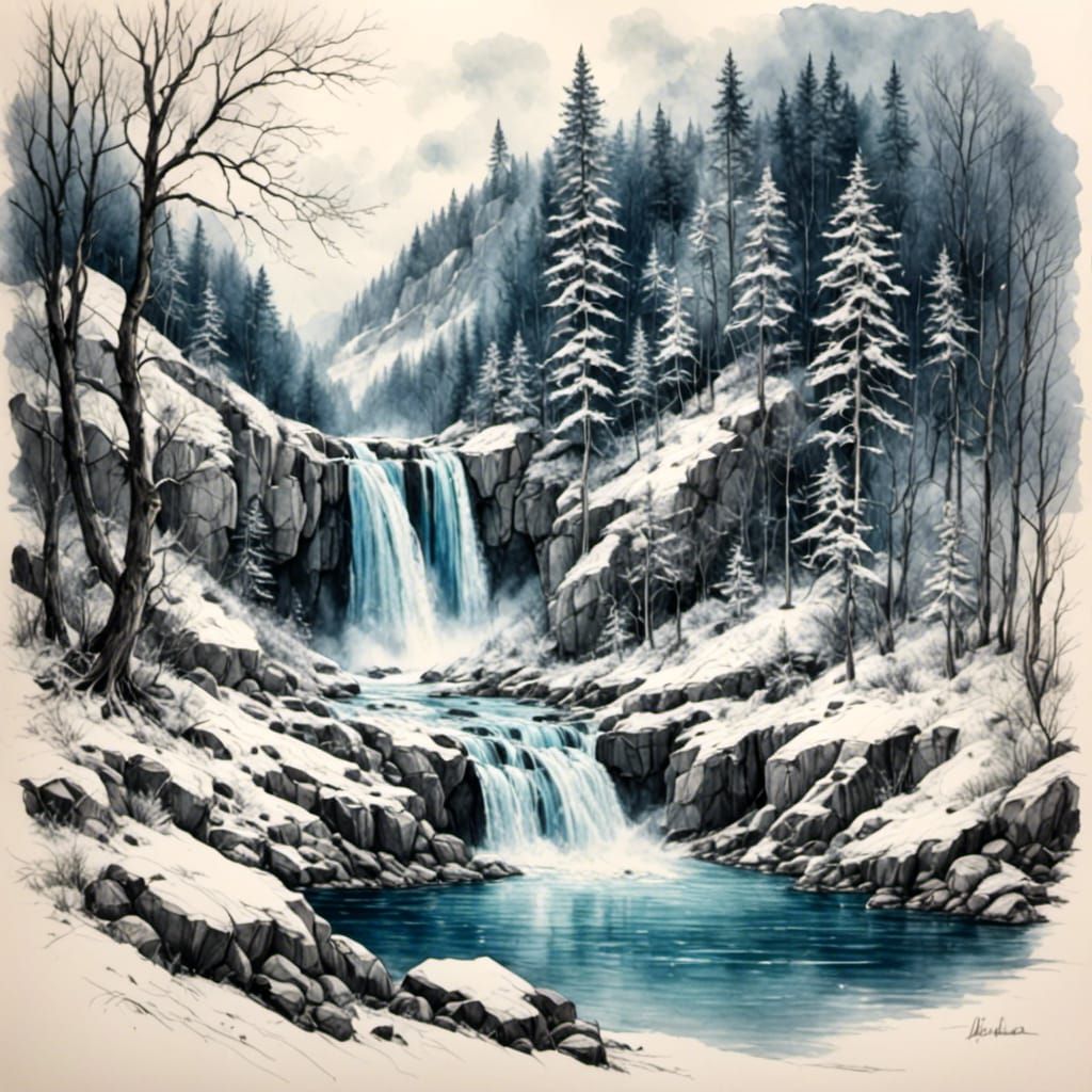 Epic Winter Fantasy Waterfall in Sketch Style