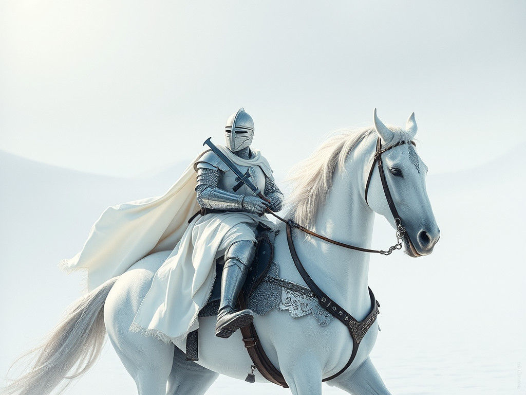 Knights in White Satin Ride in Snowy Landscape
