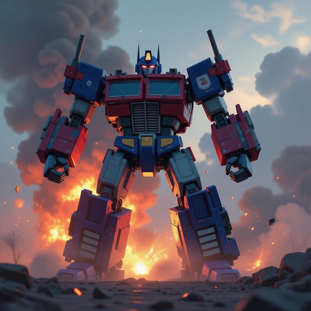 Optimus Prime Transforming in Fiery Battle