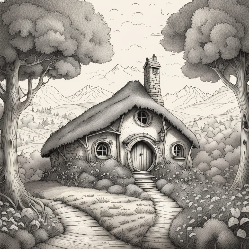 Ethereal Hobbit House Shire Landscape Fine Line Drawing