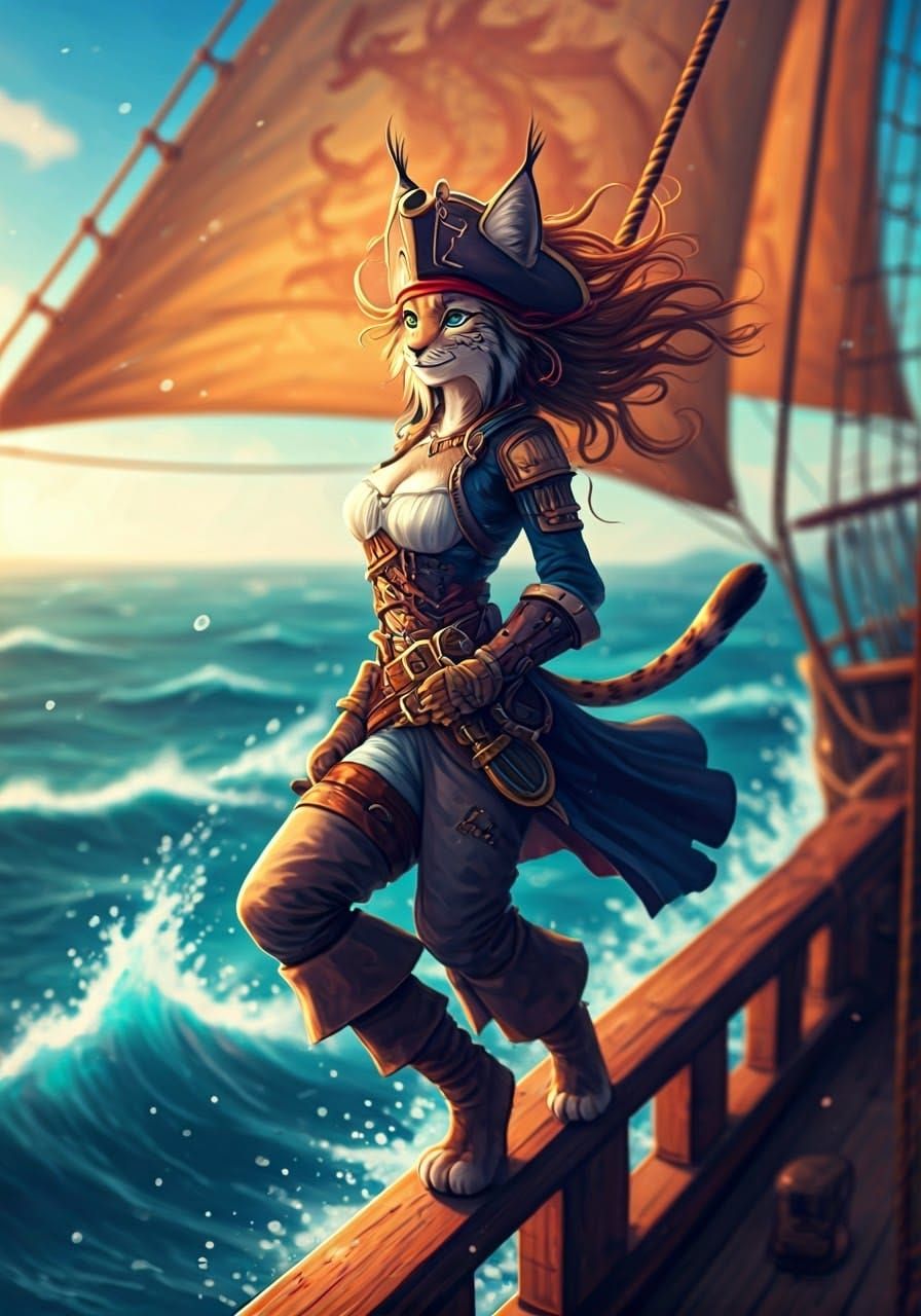 Lynx Pirate on Galleon in Pastel Style