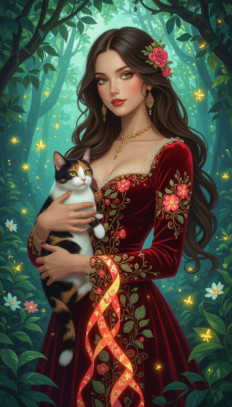 Woman in Bioluminescent Forest with Calico Cat