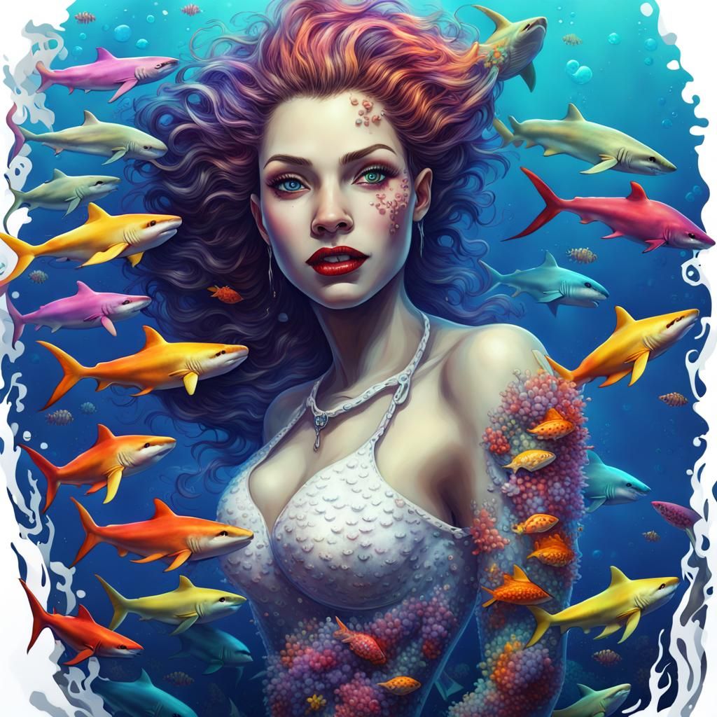Detailed Shark Woman in Multicolored Ocean