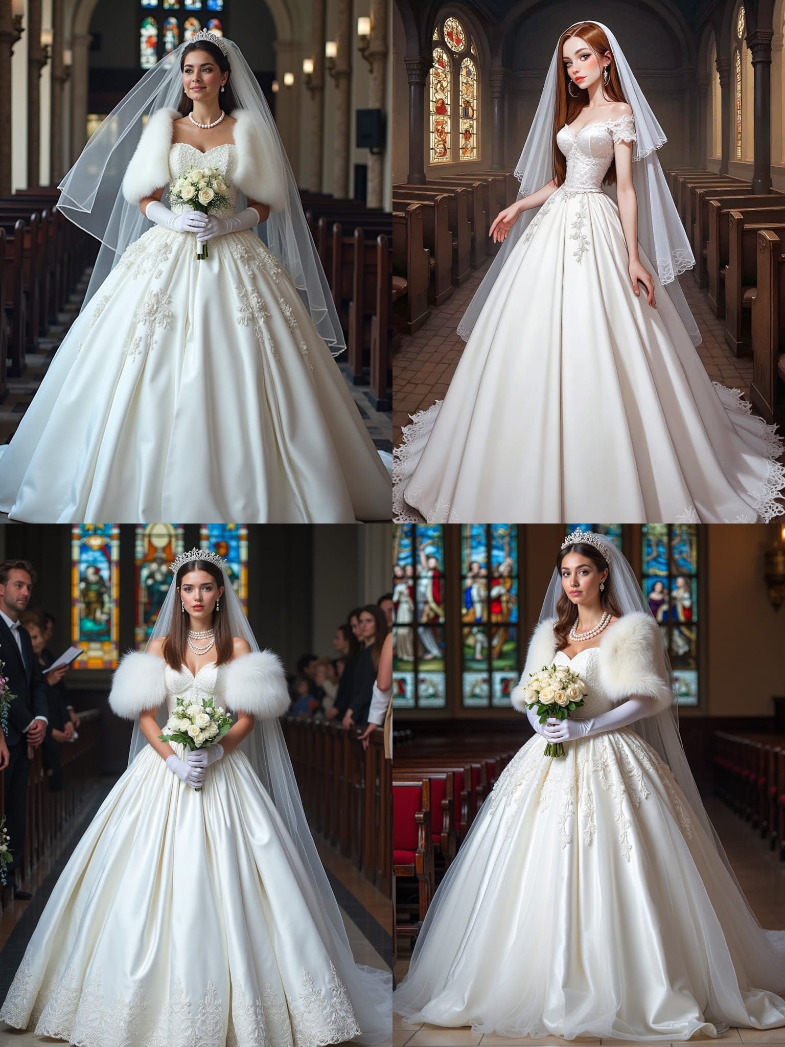 Bride in White Satin Wedding Dress with Veil