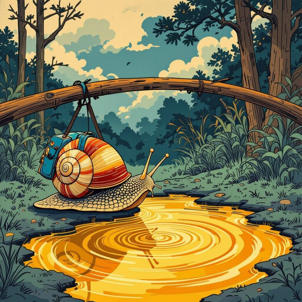 Backpacking Snail Perilously Close to Quicksand in Ukiyo-e S...