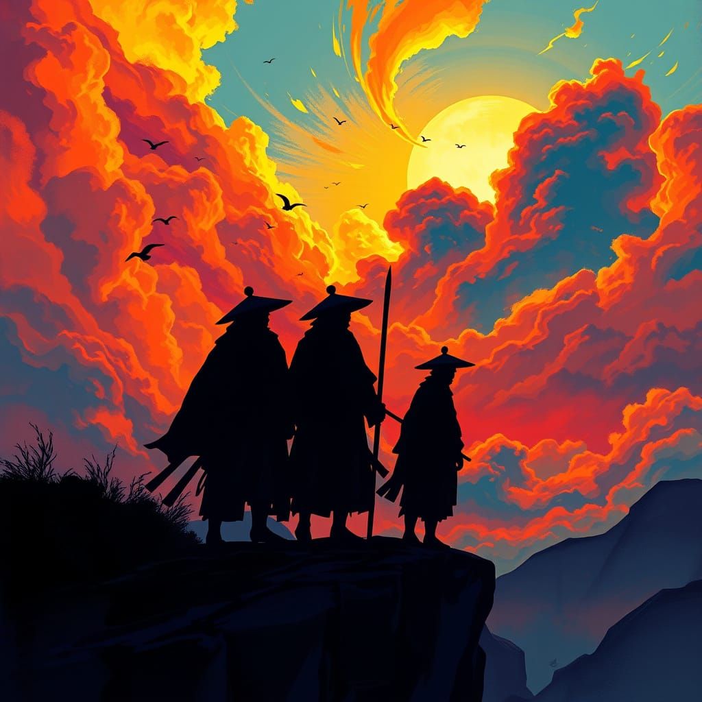 Samurai Warriors at Apocalyptic Sunset in Digital Painting