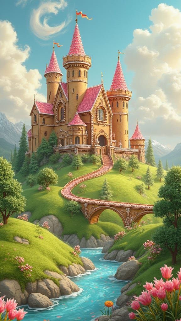Gingerbread Castle Fantasy Illustration with Candy Details