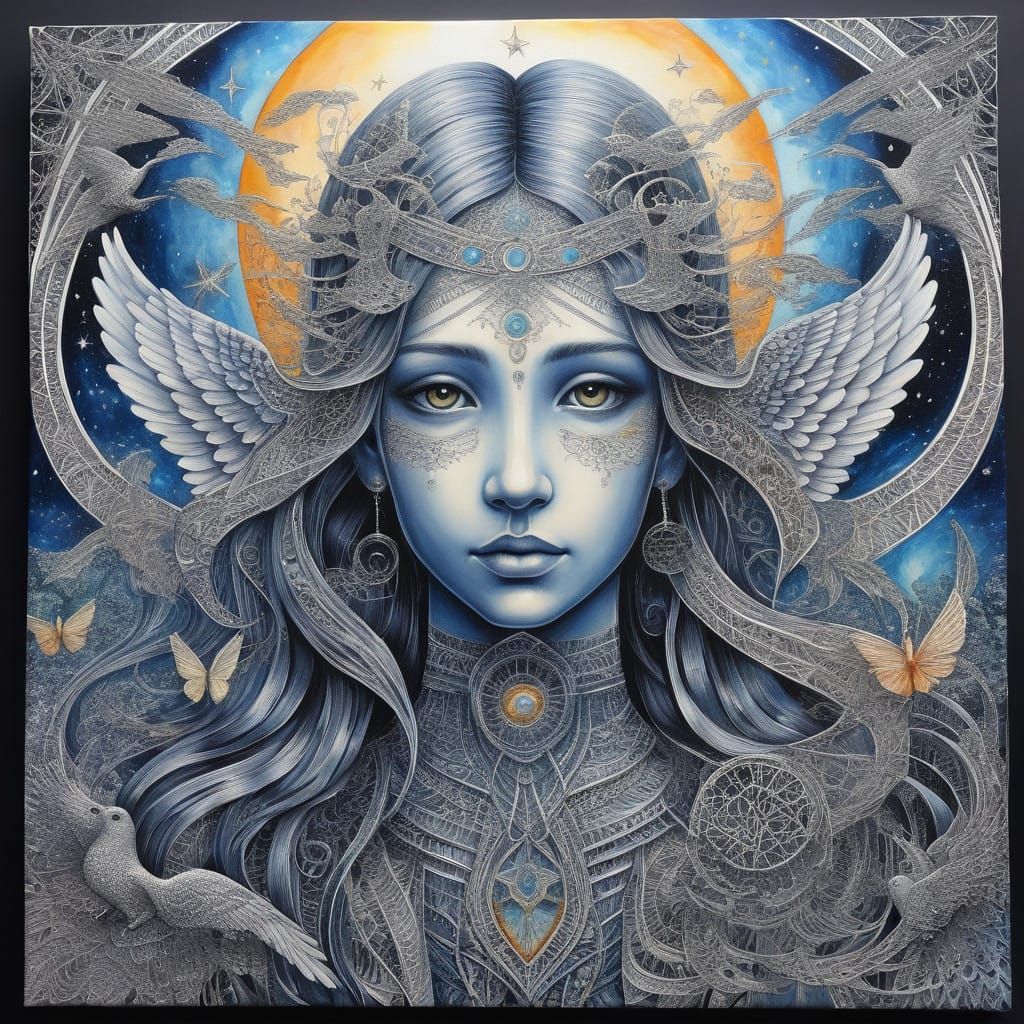 Angel of Cosmic Awakening in a Silvery Metaphysical Realm