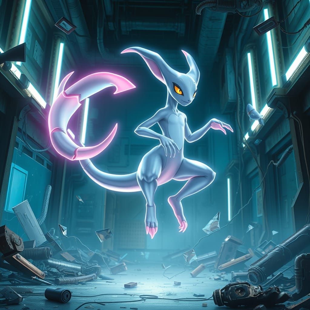 Mewtwo Levitates Amidst Ruined Laboratory, Psychic Energy Un...