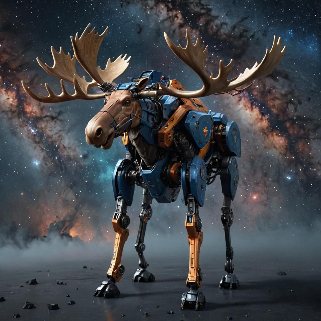 Moose Battle Robot Soaring Through Nebula