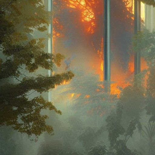 Fiery Trees Through Window: Dynamic Lighting Concept Art