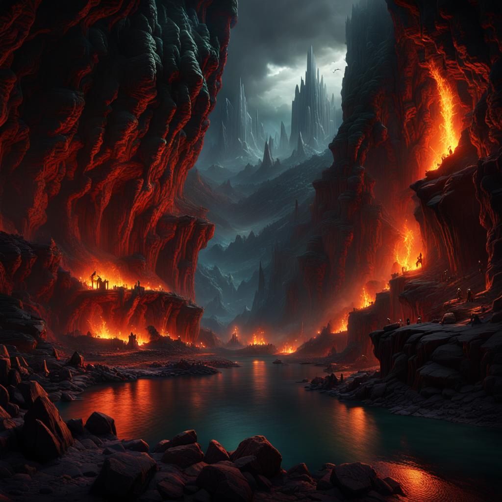 Epic Underworld River and Caverns Dark Fantasy Art
