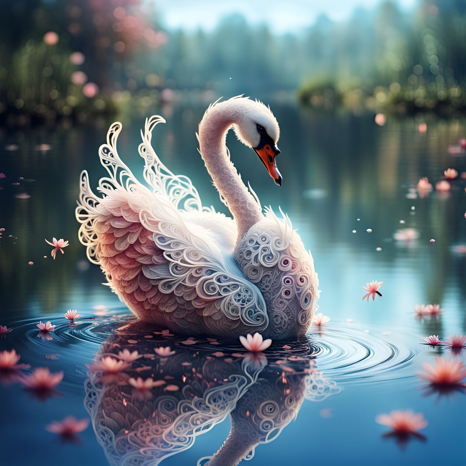 Chibi Lace Swan on Lake: Digital Painting