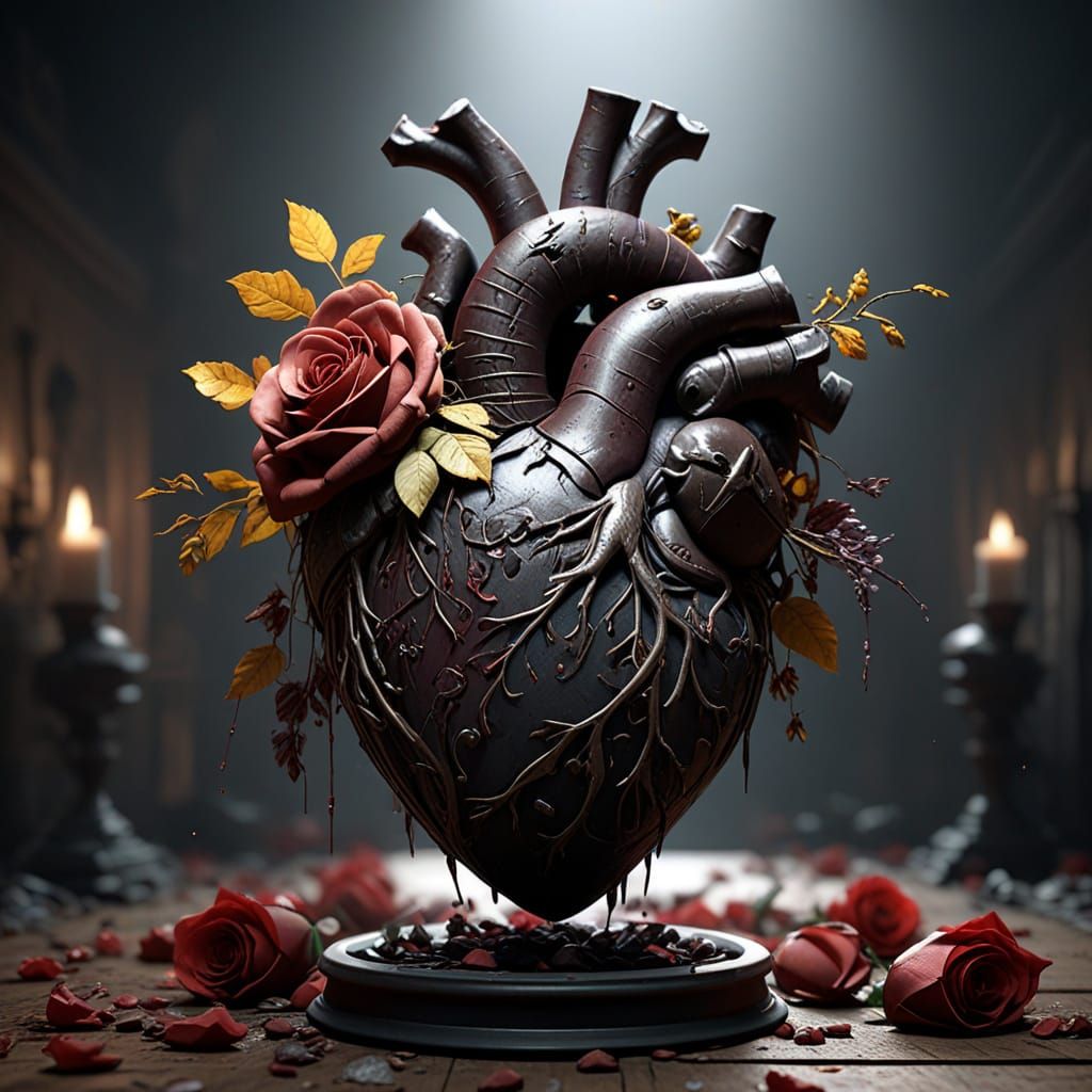 Gothic Human Heart with Wilting Roses in Dark Fantasy Style