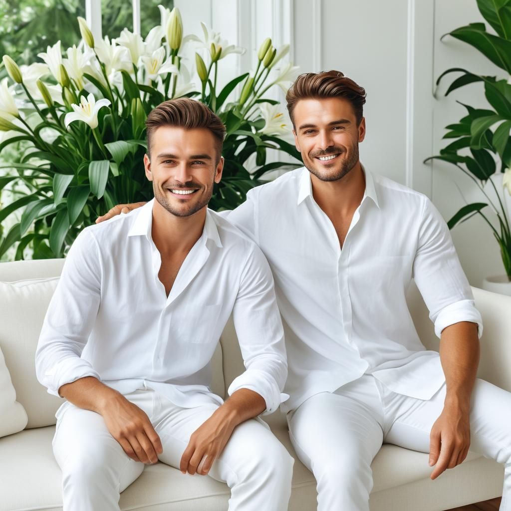 Portrait of Two Handsome Men in White Garden