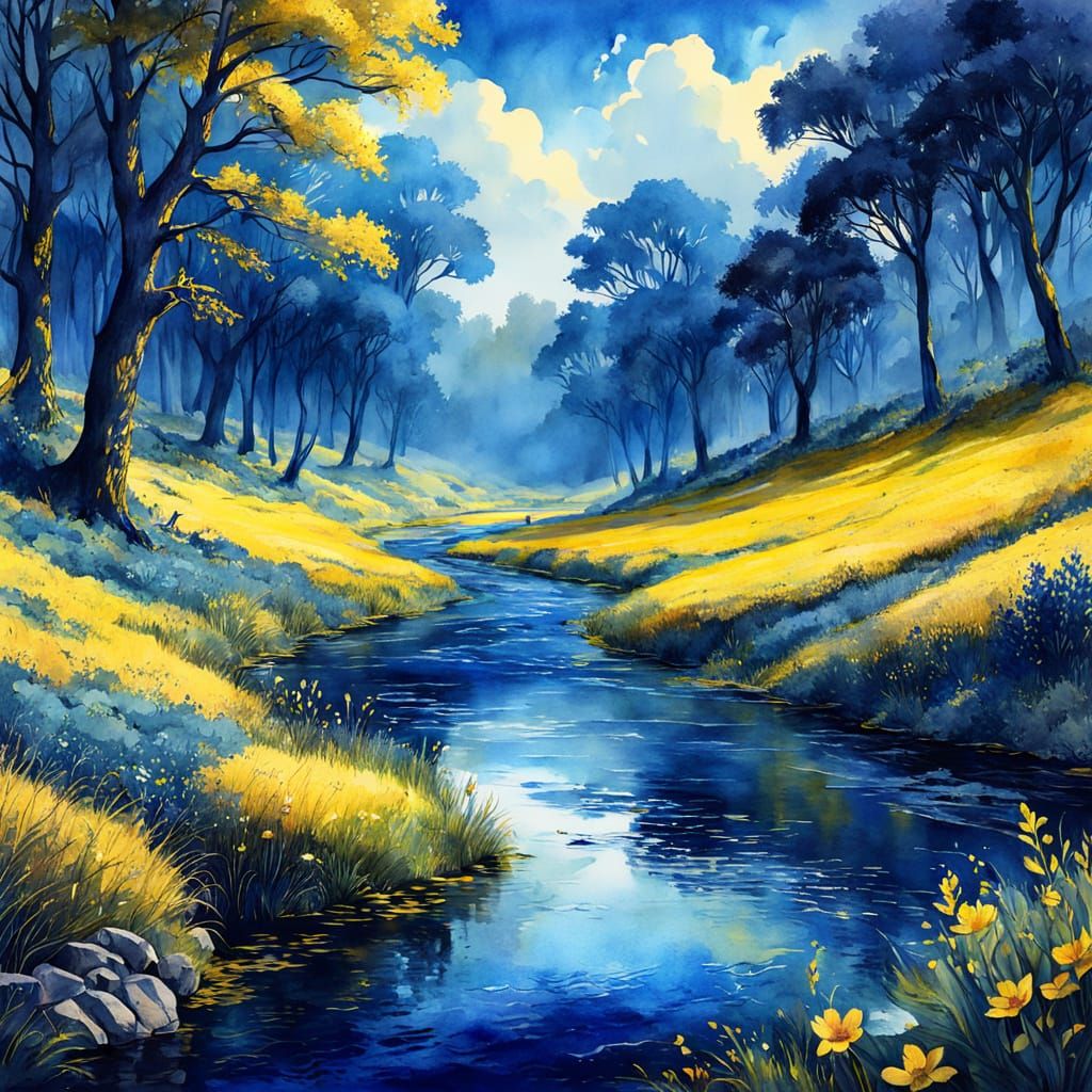 Atmospheric River and Meadow Watercolour Illustration