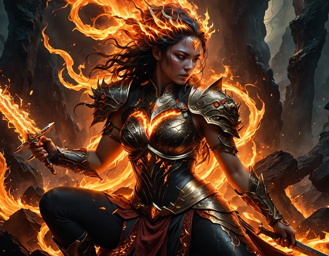 Kneeling Fire Goddess with Molten Shell in Digital Art