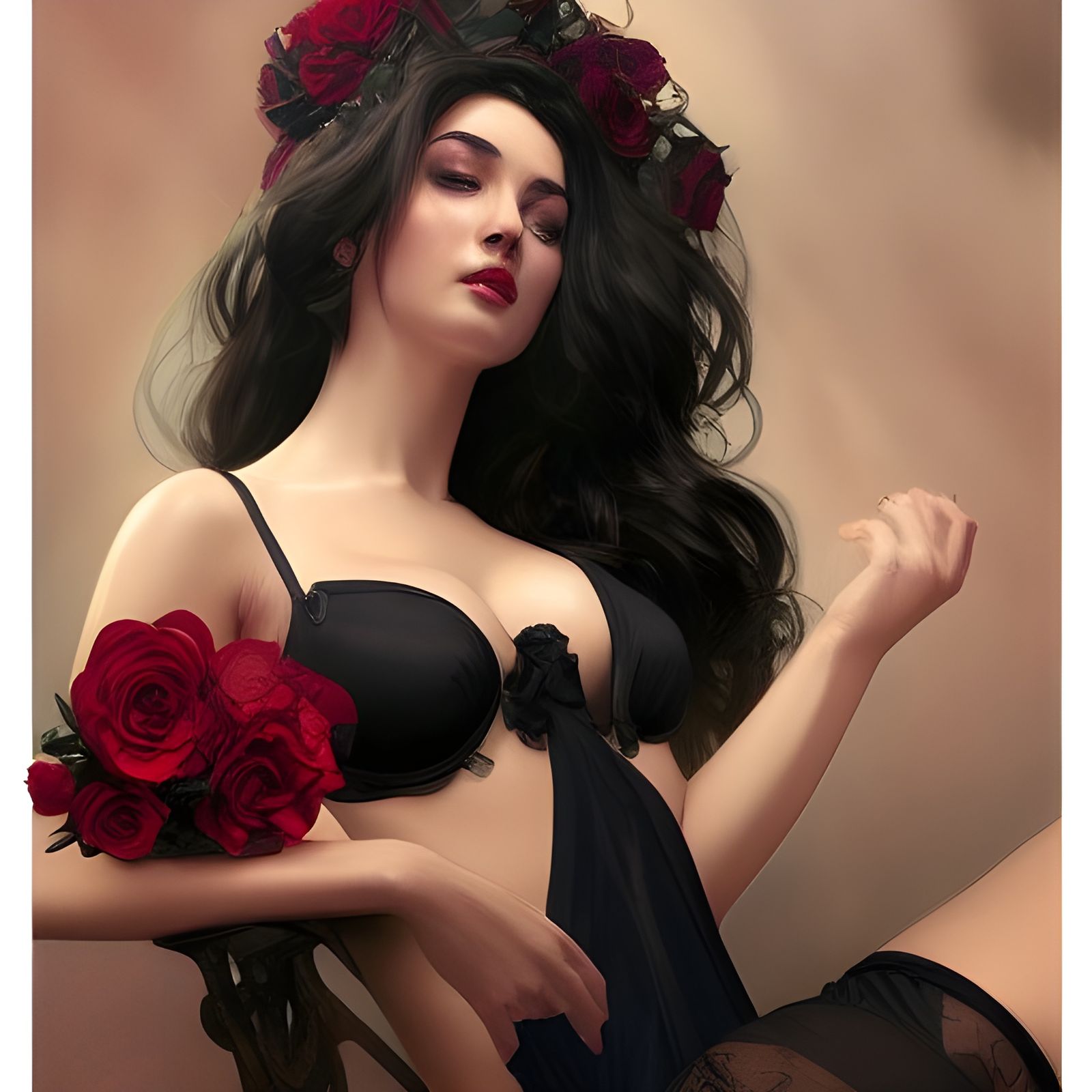 Beautiful Woman in Lingerie with Roses, Hyperdetailed Art
