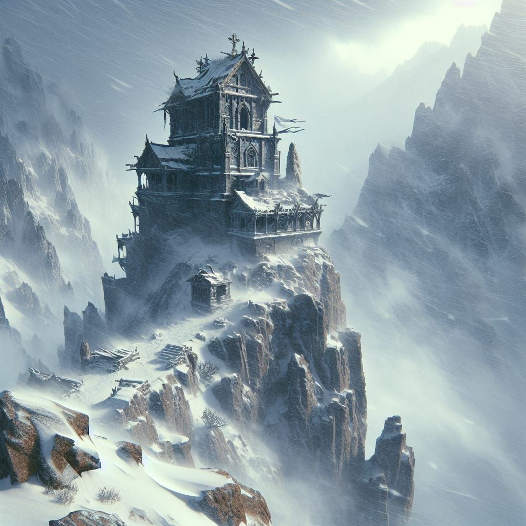 Ruined Mountain Temple in Blizzard, D&D Fantasy Art